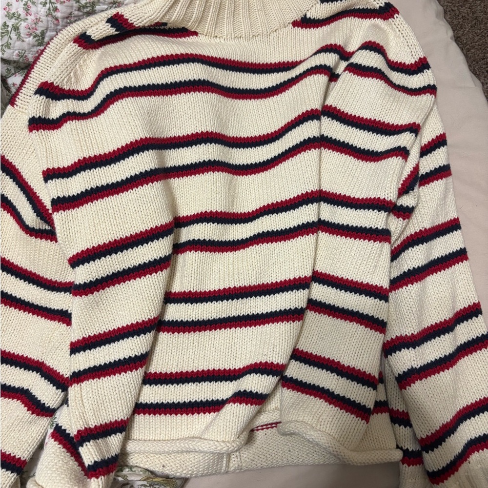 J. Crew Cream Sweater with Red and Blue Stripes